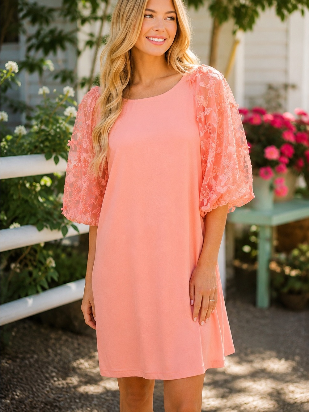 Umgee C3720 Peach Embroidered Puff Sleeve Shift Dress NWT Size Large